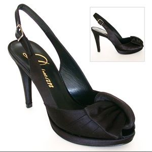 NIB$298 DELMAN Neiman Marcus Women's Sema-T Satin Black Shoes 7.5 Spain